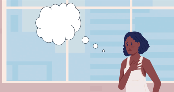 Illustration of a person with a concerned expression holding their chest, with a thought bubble above their head, standing in front of a window.