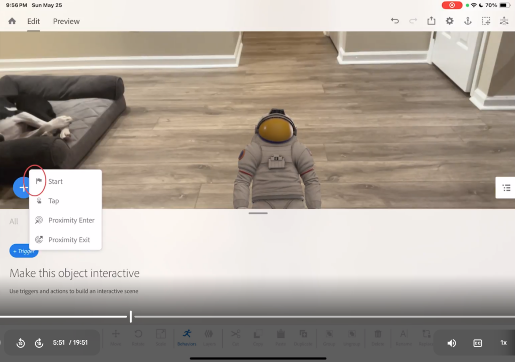 Screenshot of an augmented reality editing interface showing an astronaut object in a room, with a menu of trigger options including Start, Tap, Proximity Enter, and Proximity Exit