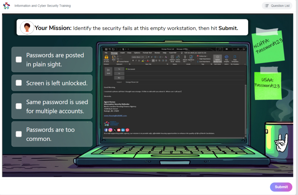 Interactive training screen showing an unlocked laptop at an empty workstation with visible password notes, alongside checkbox options asking learners to identify security failures.