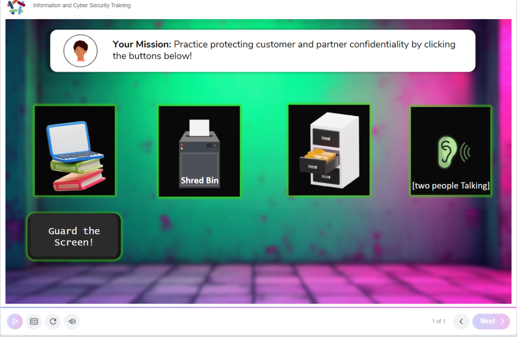 Interactive training screen prompting learners to practice protecting customer and partner confidentiality, with selectable icons representing screen security, document shredding, file storage, and private conversations.