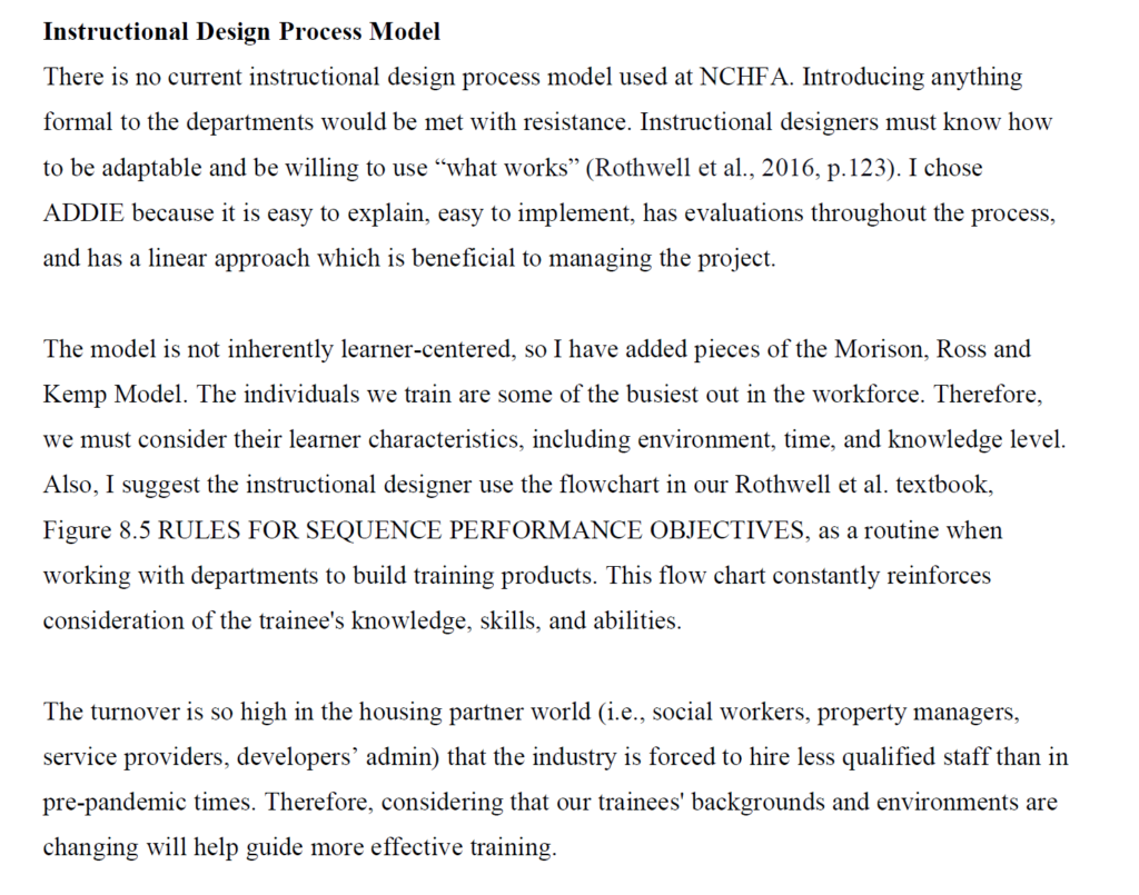 Page titled ‘Instructional Design Process Model’ describing a blended ADDIE and Morrison, Ross, and Kemp approach, with discussion of learner characteristics, evaluation, and workforce turnover considerations.
