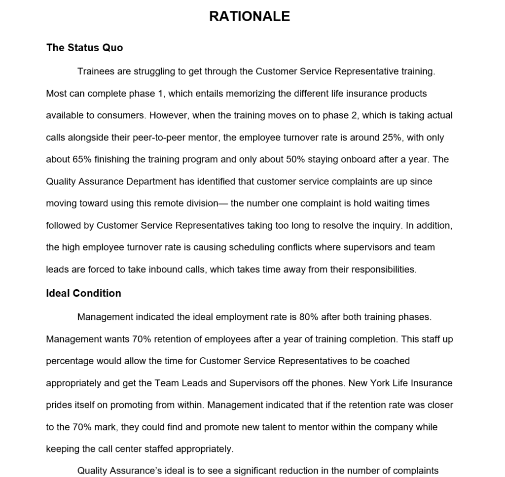 Page titled ‘Rationale’ describing the status quo and ideal condition for customer service representative training, including turnover rates, retention goals, complaint trends, and management targets for improvement.