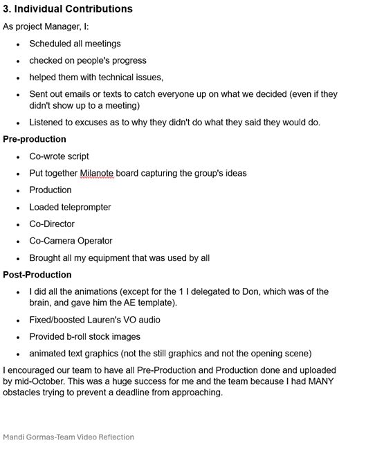 Slide titled ‘Individual Contributions’ listing project manager responsibilities across pre-production, production, and post-production, including scheduling, script writing, directing, animation work, audio editing, and project coordination.